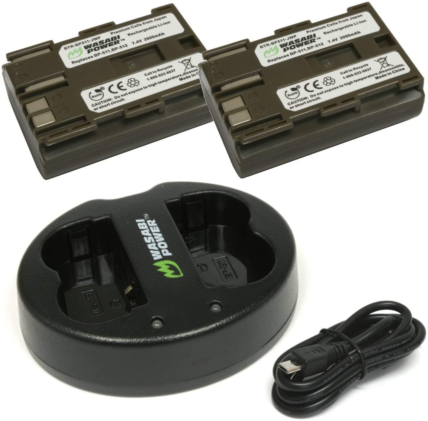 Wasabi Power Battery (2-Pack) and Dual USB Charger for Canon BP-511, BP-511A, BP-512, BP-514