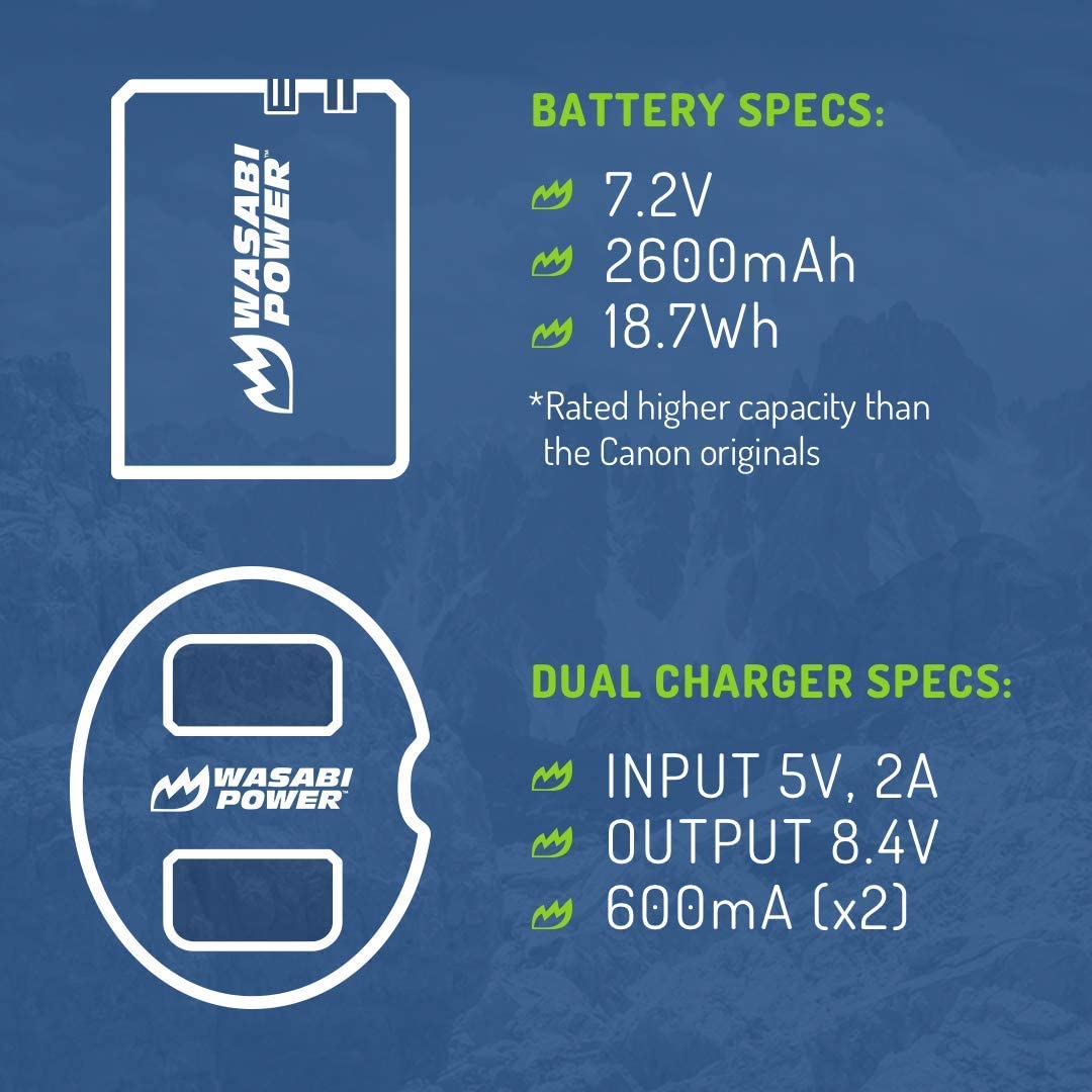 Wasabi Power Battery x 2 and Dual USB Charger for Canon LP-E6, LP-E6N (2600mAh)