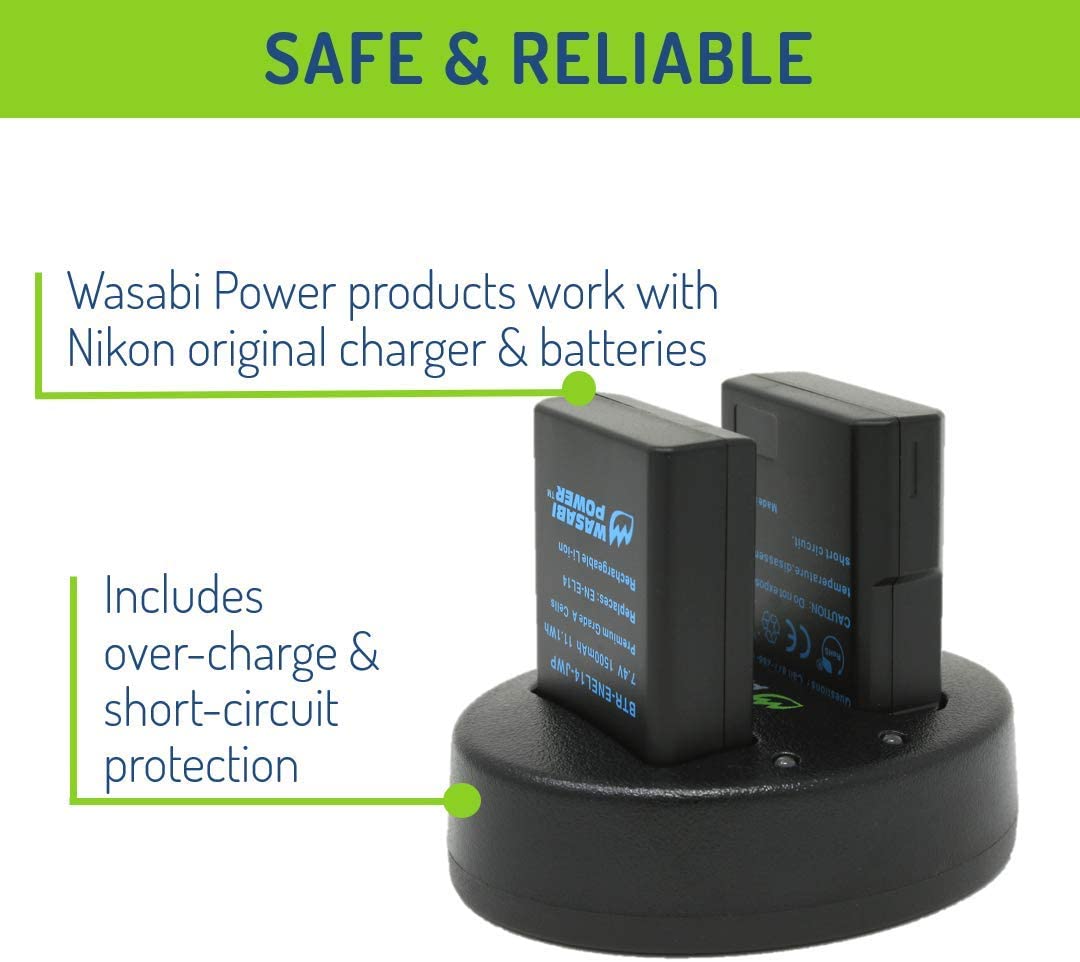 Wasabi Power Battery (2-Pack) & Dual Charger for Nikon EN-EL14, EN-EL14a & Nikon D3100, D3200, D3300, D3400, D3500, D5100, D5200, D5300, D5500, D5600, Df, Coolpix P7100, Coolpix P7700, Coolpix P7800