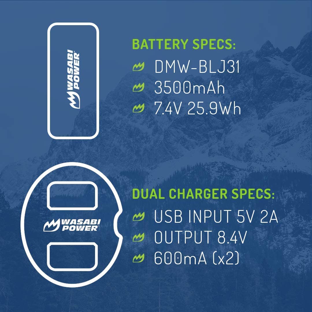 Wasabi Power Battery (2-Pack) and Dual USB Charger for Panasonic DMW-BLJ31 and Panasonic Lumix DC-S1, DC-S1H, DC-S1R