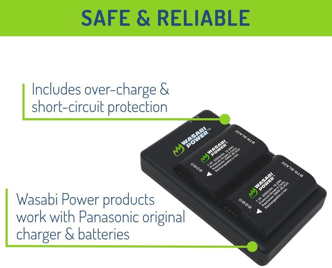 Wasabi Power Battery (2-Pack) and Dual USB Battery Charger for a Panasonic DMW-BLK22 High Capacity Battery and Panasonic Lumix DC-S5 & Panasonic Lumix GH5 II