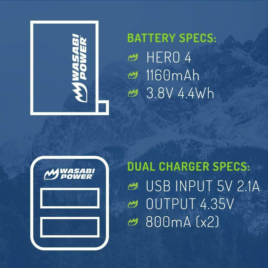 Wasabi Power Battery(1160mAh)x 2 with Dual USB Charger for GoPro HERO4 AHDBT-401