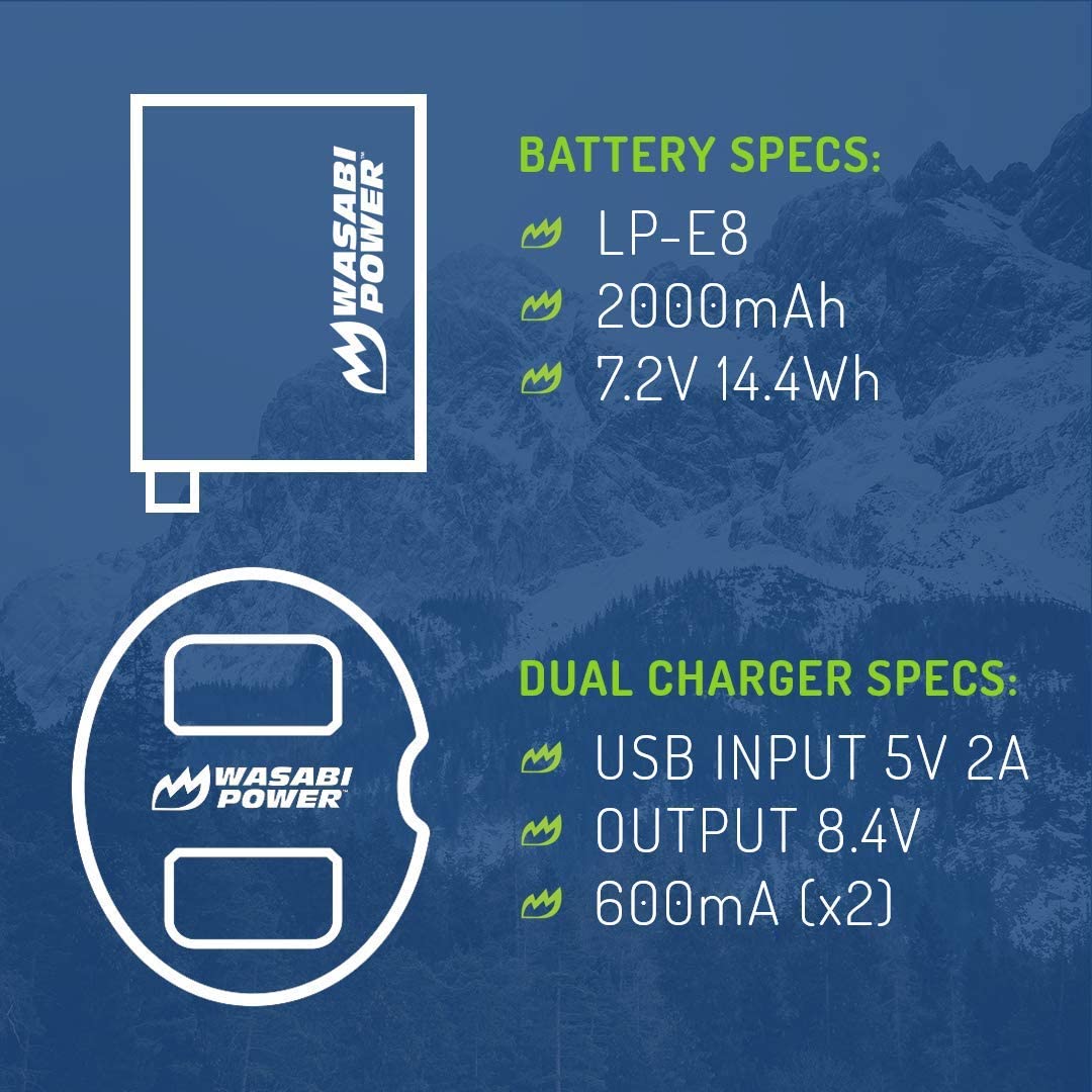 Wasabi Power Battery (2-Pack) and Dual Charger for Canon LP-E8 and Canon EOS 550D, EOS 600D, EOS 700D, EOS Rebel T2i, EOS Rebel T3i, EOS Rebel T4i, EOS Rebel T5i