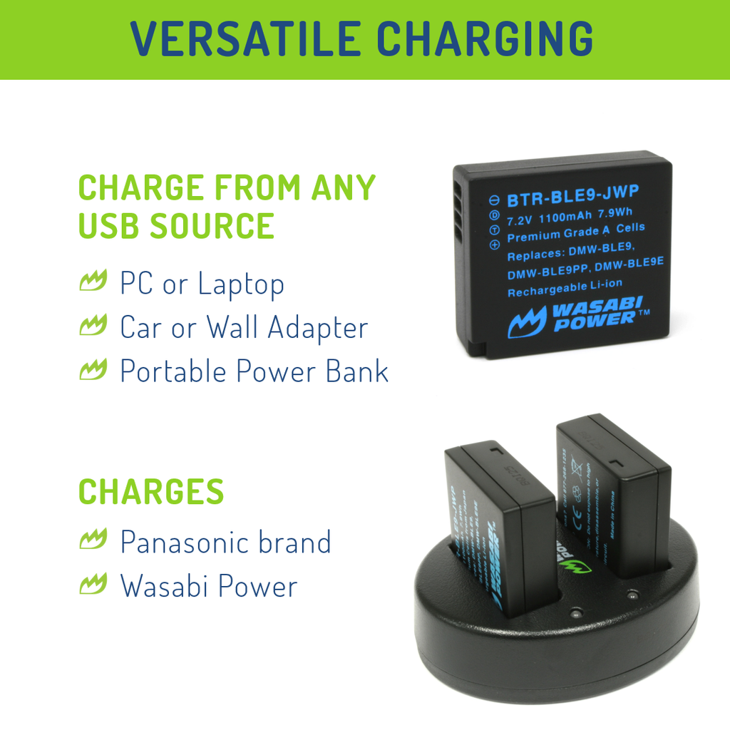 Wasabi Power Battery (2-Pack) and Dual Charger for Panasonic DMW-BLE9, DMW-BLG10