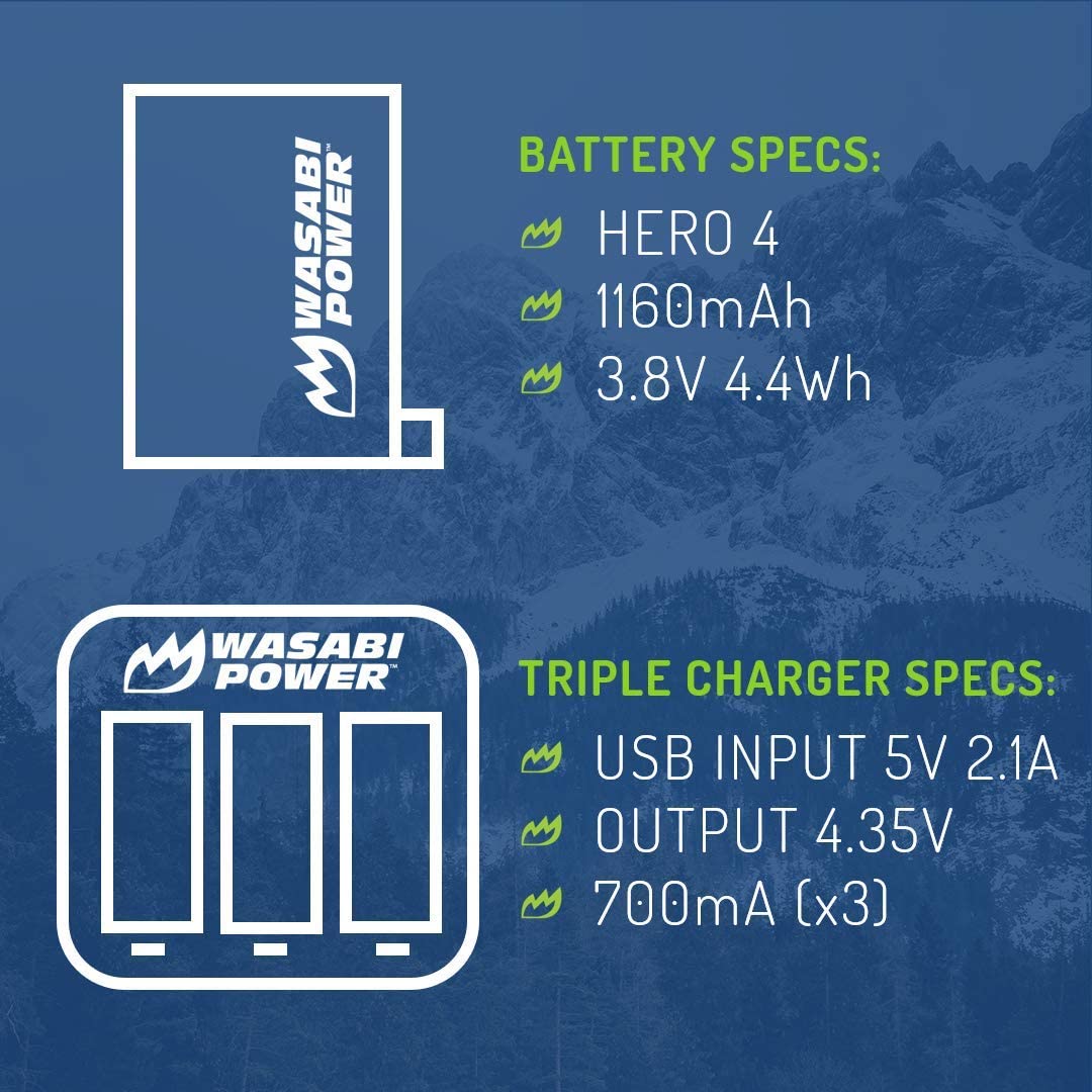 Wasabi Power Battery (2-Pack) and Triple USB Charger for GoPro HERO4, AHDBT-401