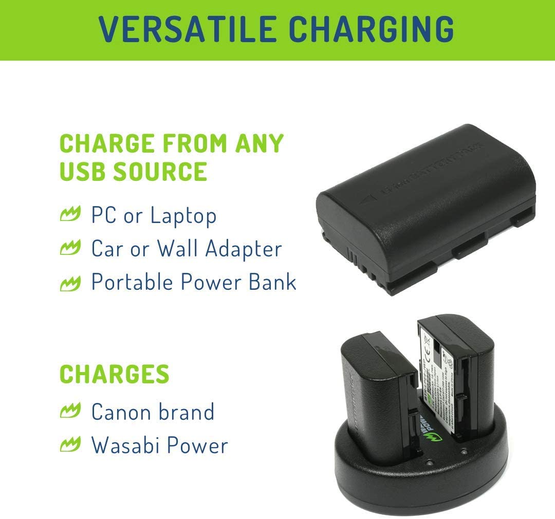 Wasabi Power Battery x 2 and Dual USB Charger for Canon LP-E6, LP-E6N (2600mAh)