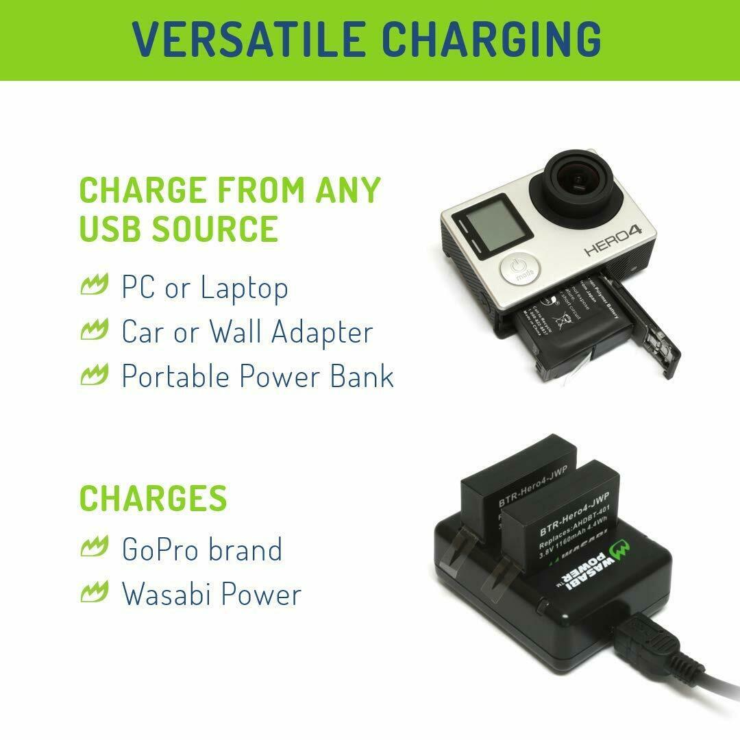 Wasabi Power Battery(1160mAh)x 2 with Dual USB Charger for GoPro HERO4 AHDBT-401