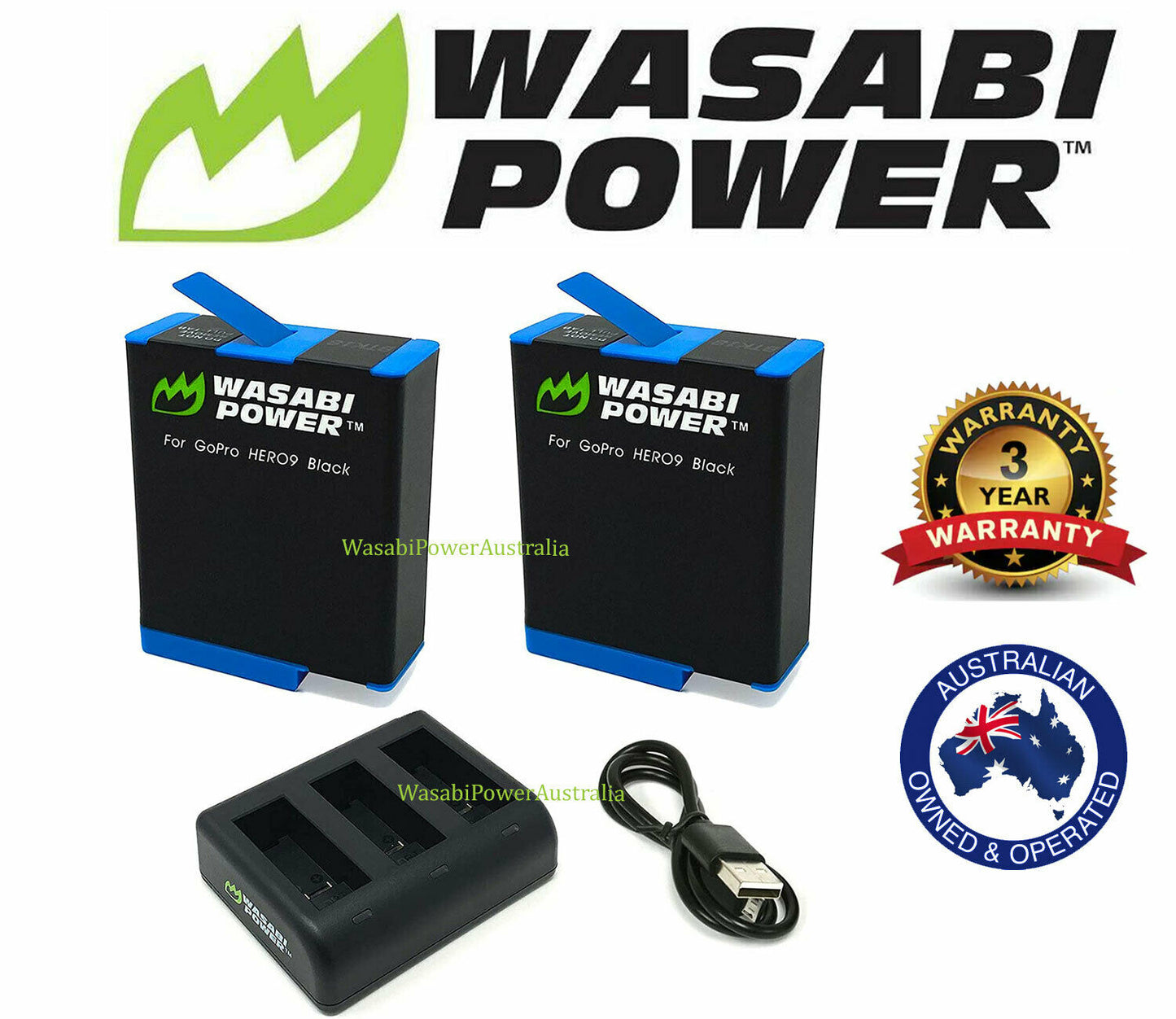 Wasabi Power HERO9 Battery (2-Pack) and USB Triple Charger for GoPro Hero9 Black