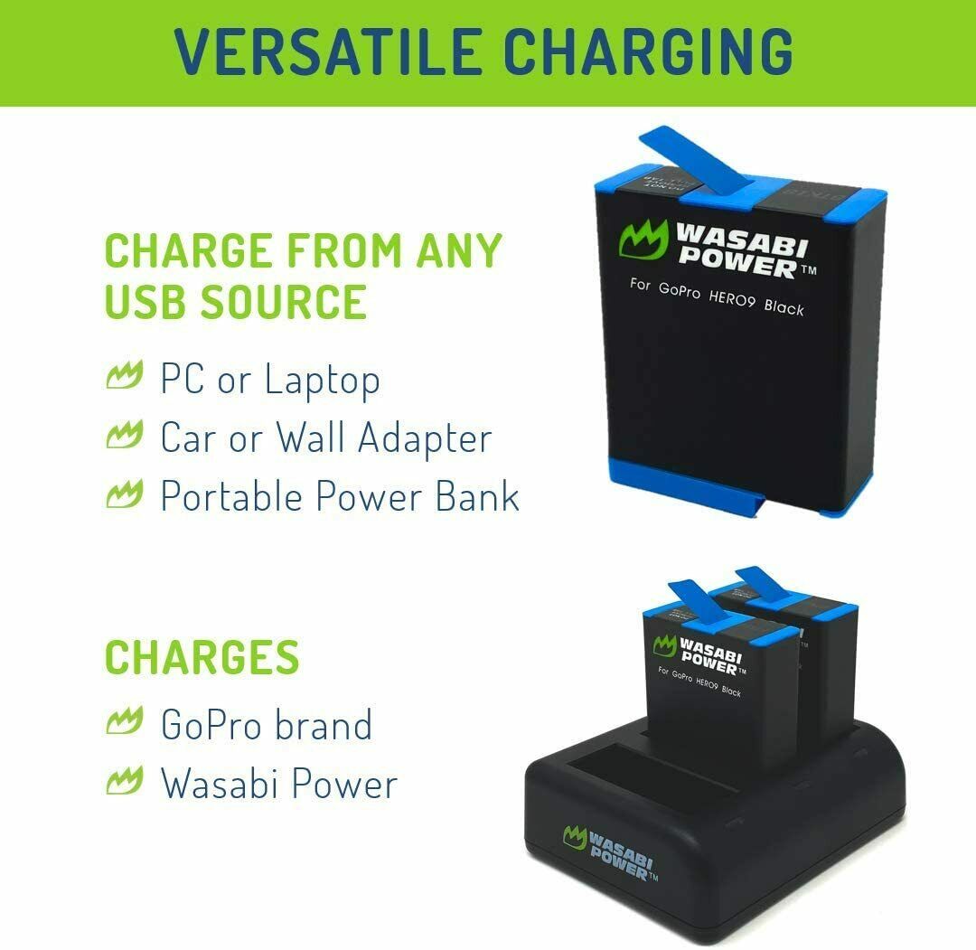 Wasabi Power HERO9 Battery (2-Pack) and USB Triple Charger for GoPro Hero9 Black